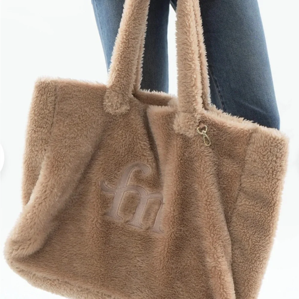 Cozy Tan Plush Tote Bag with Soft Handles